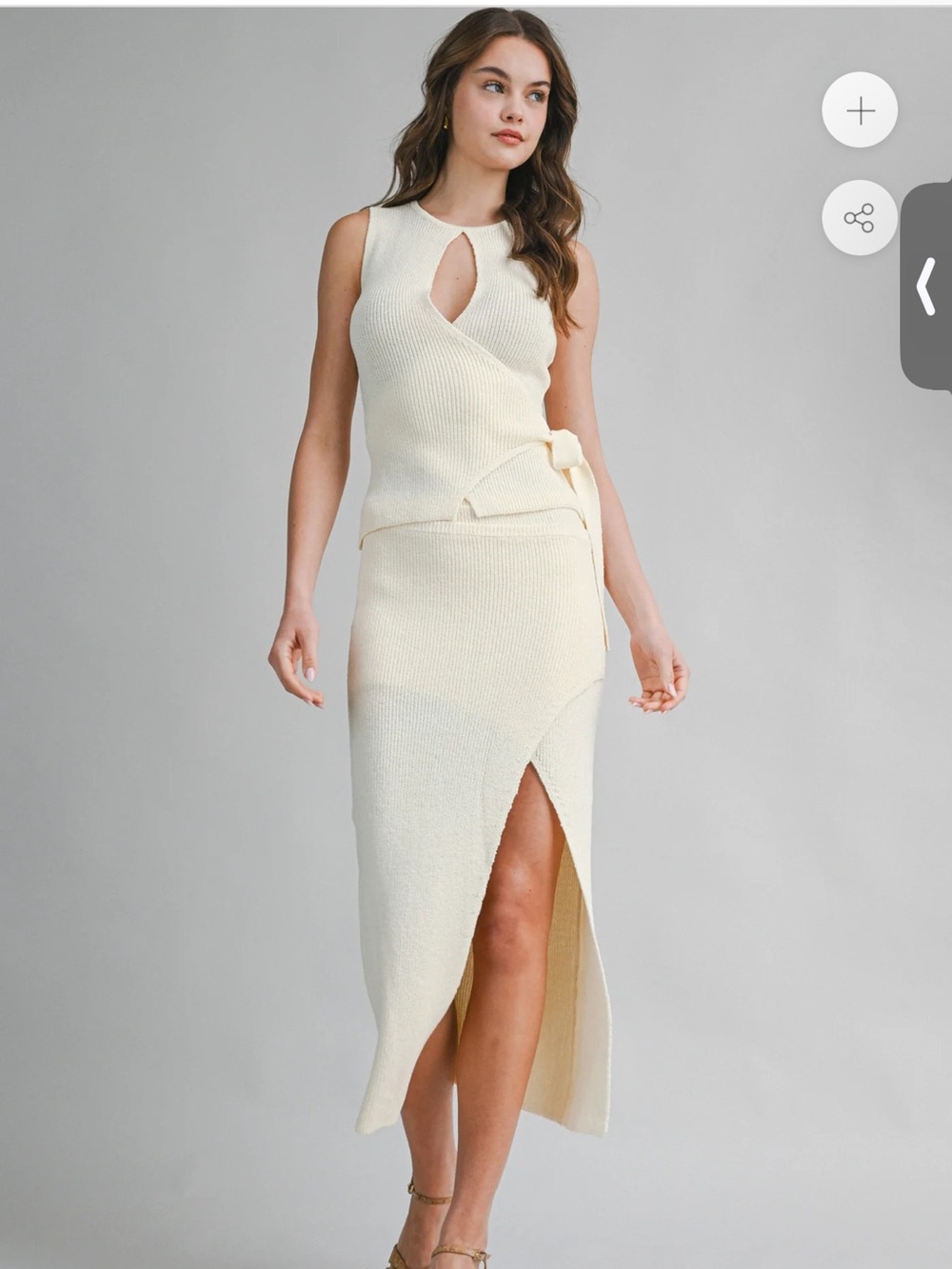90. Sleeveless Cream Knit Wrap-Front Midi 2 piece set